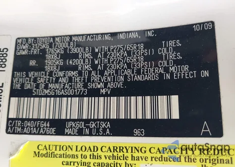 2010 Toyota Sequoia Sr5 4.6L V8 z USA, uszkodzony, nr VIN 5TDZM5G16AS001773